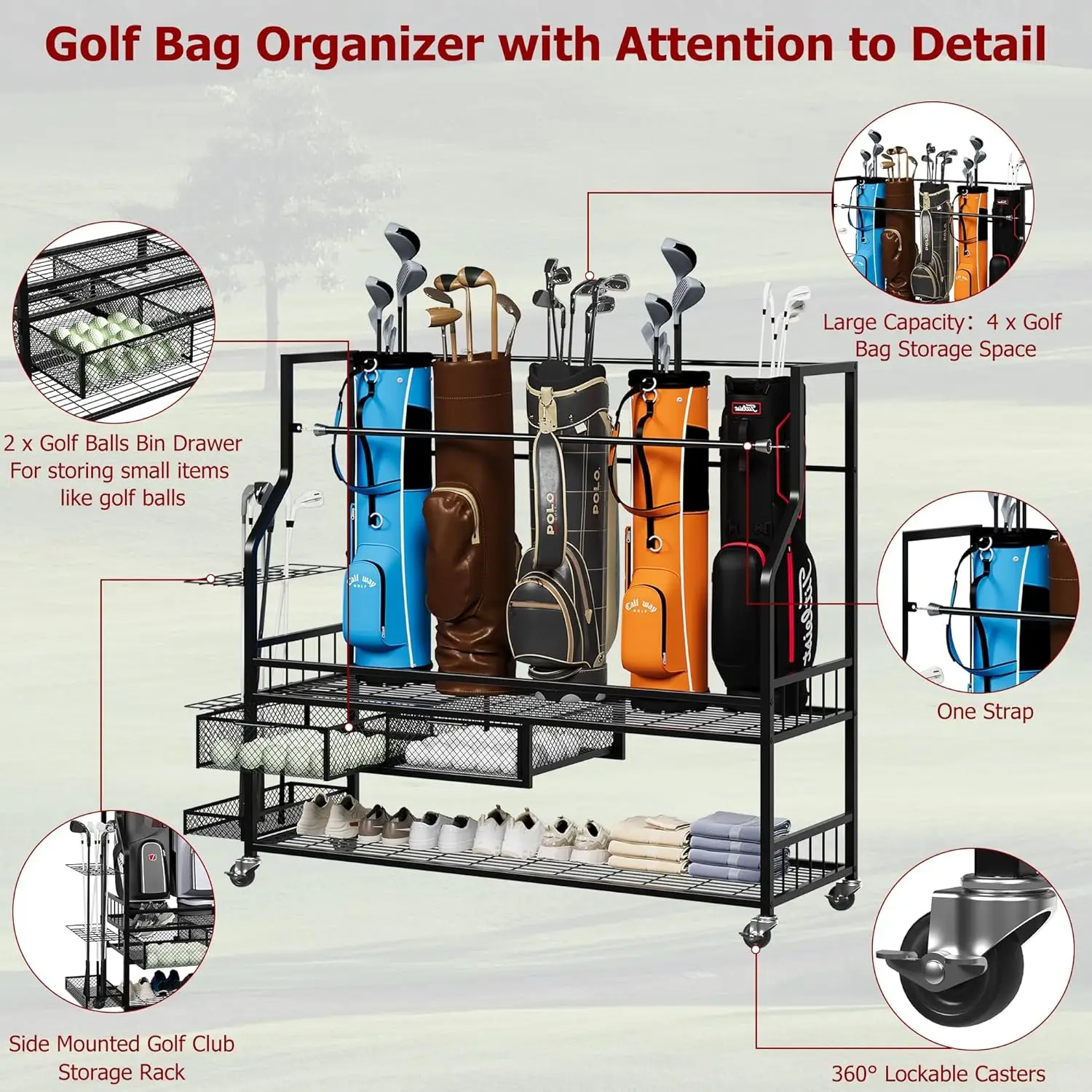 Multifunctional Rolling Golf B - đánh giá và giá Golf Equipment Organizer For Garage
